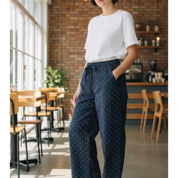 Auden Womens Navy Blue Polka Dot Wide-Leg Sleepwear Pants With Pockets Size XS - Picture 1 of 10